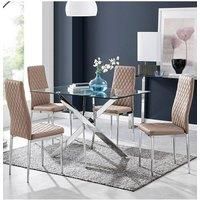 LEONARDO Silver Chrome & Glass Dining Table And 4 Faux Leather Milan Chairs