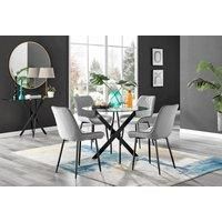 NOVARA 100cm Round Glass and Black Leg Dining Table & 4 Pesaro Chairs
