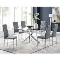 LEONARDO Silver Chrome & Glass Dining Table And 6 Faux Leather Milan Chairs