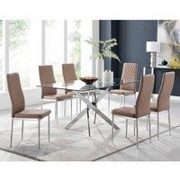 LEONARDO Silver Chrome & Glass Dining Table And 6 Faux Leather Milan Chairs