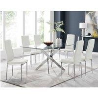 LEONARDO Silver Chrome & Glass Dining Table And 6 Faux Leather Milan Chairs
