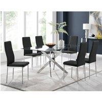 LEONARDO Silver Chrome & Glass Dining Table And 6 Faux Leather Milan Chairs