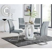Giovani Round 4 Seat 100cm White High Gloss Unique Halo Base Grey Glass Top Dining Table 4 Soft Faux Leather Lorenzo Chairs