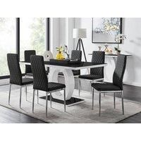 GIOVANI White Gloss Black Glass Dining Table & 6 Faux Leather Dining Chairs