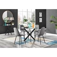 NOVARA 100cm Round Glass and Black Leg Dining Table & 4 Faux Leather Chairs