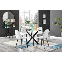 NOVARA 100cm Round Glass and Black Leg Dining Table & 4 Faux Leather Chairs