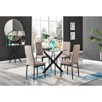 Furniture Box Novara Black Leg Round Glass Dining Table and 4 Cappuccino Milan Black Leg Chairs