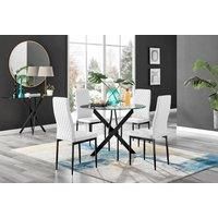 Furniture Box Novara Black Leg Round Glass Dining Table and 4 White Milan Black Leg Chairs