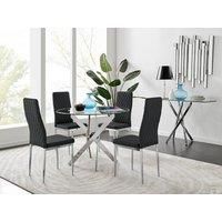 NOVARA Chrome Round Glass Dining Table and 4 Milan Faux Leather Dining Chairs