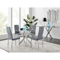 NOVARA Chrome Round Glass Dining Table and 4 Milan Faux Leather Dining Chairs