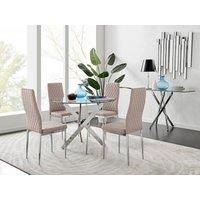 NOVARA Chrome Round Glass Dining Table and 4 Milan Faux Leather Dining Chairs