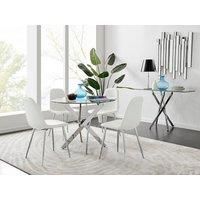 Novara Clear Tempered Glass 100cm Round Dining Table with Chrome Starburst Legs & 4 Corona Faux Leather Silver Leg Chairs