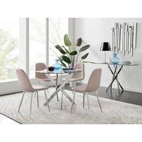 Novara Clear Tempered Glass 100cm Round Dining Table with Chrome Starburst Legs & 4 Corona Faux Leather Silver Leg Chairs