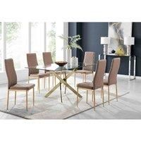 LEONARDO Gold Leg Rectangular Glass Dining Table & 6 Faux Leather Dining Chairs