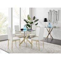 NOVARA Gold Round Tempered Glass Dining Table And 4 Faux Leather Dining Chairs
