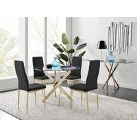 NOVARA Gold Round Tempered Glass Dining Table And 4 Faux Leather Dining Chairs