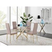 NOVARA Gold Round Tempered Glass Dining Table And 4 Faux Leather Dining Chairs