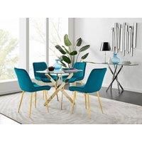 NOVARA 100cm Round Glass and Gold Leg Dining Table & 4 Velvet Dining Chairs