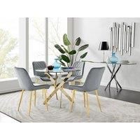 NOVARA 100cm Round Glass and Gold Leg Dining Table & 4 Velvet Dining Chairs