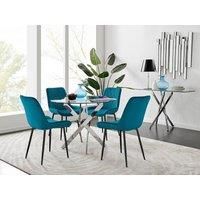 NOVARA Chrome Round Glass Dining Table and 4 Luxury Velvet Dining Chairs