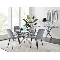 NOVARA Chrome Round Glass Dining Table and 4 Luxury Velvet Dining Chairs