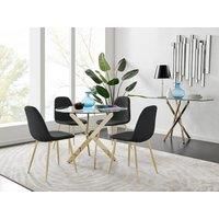 Novara 100cm Round Tempered Glass Dining Table with Gold Legs & 4 Corona Faux Leather Chairs