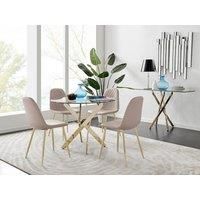 Novara 100cm Round Tempered Glass Dining Table with Gold Legs & 4 Corona Faux Leather Chairs