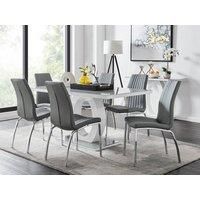 GIOVANI White High Gloss Grey Glass Table & 6 Faux Leather Velvet Isco Chairs