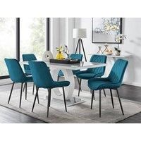 GIOVANI White High Gloss Grey Glass Table & 6 Faux Leather Velvet Pesaro Chairs