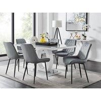 GIOVANI White High Gloss Grey Glass Table & 6 Faux Leather Velvet Pesaro Chairs