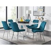GIOVANI White High Gloss Grey Glass Table & 6 Faux Leather Velvet Pesaro Chairs