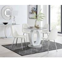 Giovani Round 4 Seat 100cm White High Gloss Halo Base Grey Glass Top Dining Table 4 Soft Faux Leather Silver Leg Corona Chairs