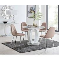 GIOVANI Round White Gloss and Grey Glass Table and 4 Faux Leather Corona Chairs