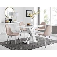 Atlanta White High Gloss and Chrome 4 Seater Dining Table with X Shaped Legs and 4 Faux Leather Corona Chairs