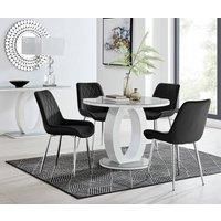 Giovani Round 4 Seat 100cm White High Gloss Halo Base Grey Glass Top Dining Table 4 Soft Velvet Silver Leg Pesaro Chairs