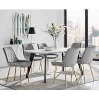 ANDRIA White Marble Effect & Black Leg Dining Table & 6 Velvet Dining Chairs