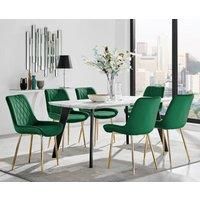 ANDRIA White Marble Effect & Black Leg Dining Table & 6 Velvet Dining Chairs