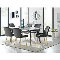ANDRIA White Marble Effect & Black Leg Dining Table & 6 Velvet Dining Chairs