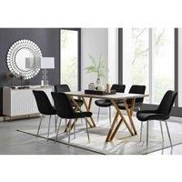 TARANTO Oak Effect & Gold Rectangular Geometric Dining Table & 6 Velvet Chairs