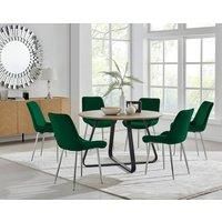 Furniture Box Santorini Brown Round Dining Table and 6 Green Pesaro Silver Leg Chairs
