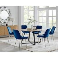 Furniture Box Santorini Brown Round Dining Table and 6 Navy Pesaro Silver Leg Chairs