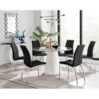 PALMA White Marble Effect Round Pedestal Dining Table & 6 Isco Leather Chairs