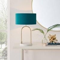 Danielle Table Lamp Teal Velvet Shade Brass and Marble Base