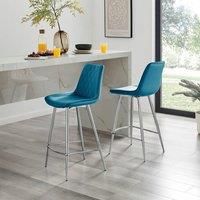 FurnitureboxUK Pesaro Set of 2 Velvet Silver Legs Bar Chair in Blue