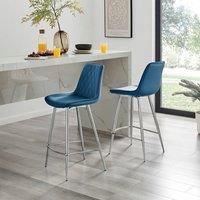 FurnitureboxUK Pesaro Set of 2 Velvet Silver Legs Bar Chair in Navy