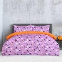 Sleepdown Halloween Duvet Set, Celestial Elements with Ghosts and Pumpkin Design Reversible Duvet Cover, Decorative Bedding Set with Pillowcase, Double Size (200X200 Cm), in Lilac Shade