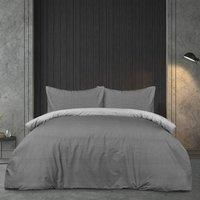 Sleepdown Pinstripe Grey Reversible Duvet Set, Super Soft Microfibre King Duvet Cover 230 X 220 CM, Button Fastening, 100% Polyester Bedding Set with Pillowcase & Fitted Sheet