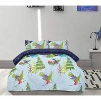 Sleepdown Reversible Duvet Cover Set, Skiing Dinosaurs Theme, 100% Polyester, Soft & Durable Bedding Set, Includes Pillowcase+ Fitted Sheet, Double Duvet Cover (200 X 200 CM), Blue