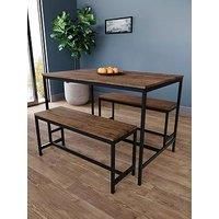 Vida Designs Roslyn 4 Seater Dining Table With 2 Benches, 3 Piece Set, Dining Room Furniture Solid Metal Frame (Dark Wood)