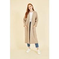 Oatmeal Knitted Maxi Cardigan With Pockets
